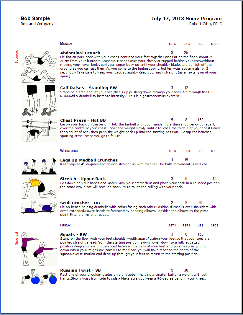 Exercise prescription software or exercise program worksheets